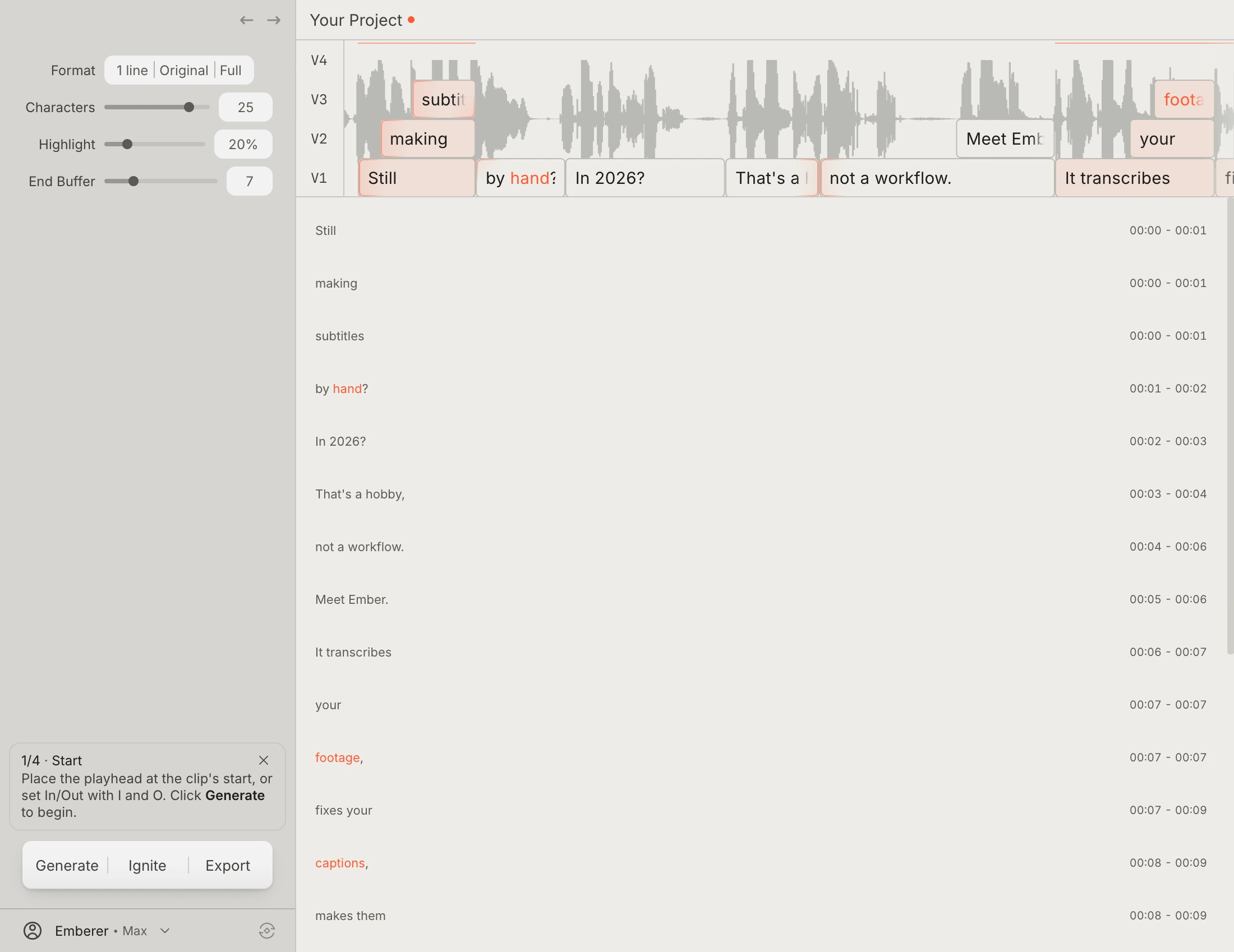 Ember's subtitle editing interface